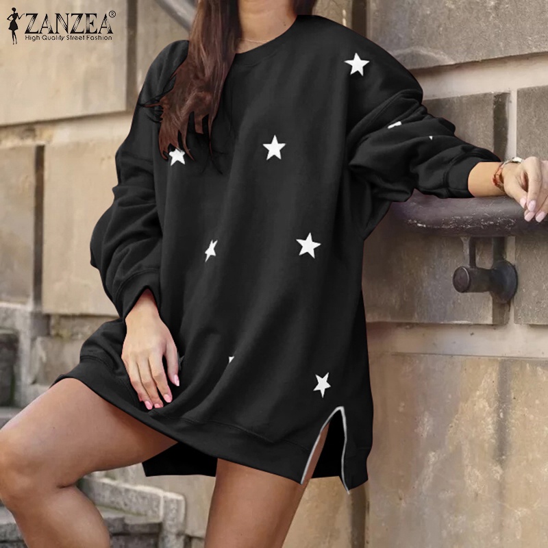 Áo sweatshirt ZANZEA cổ tròn tay dài dáng rộng in họa tiết ngôi sao thời trang cho nữ