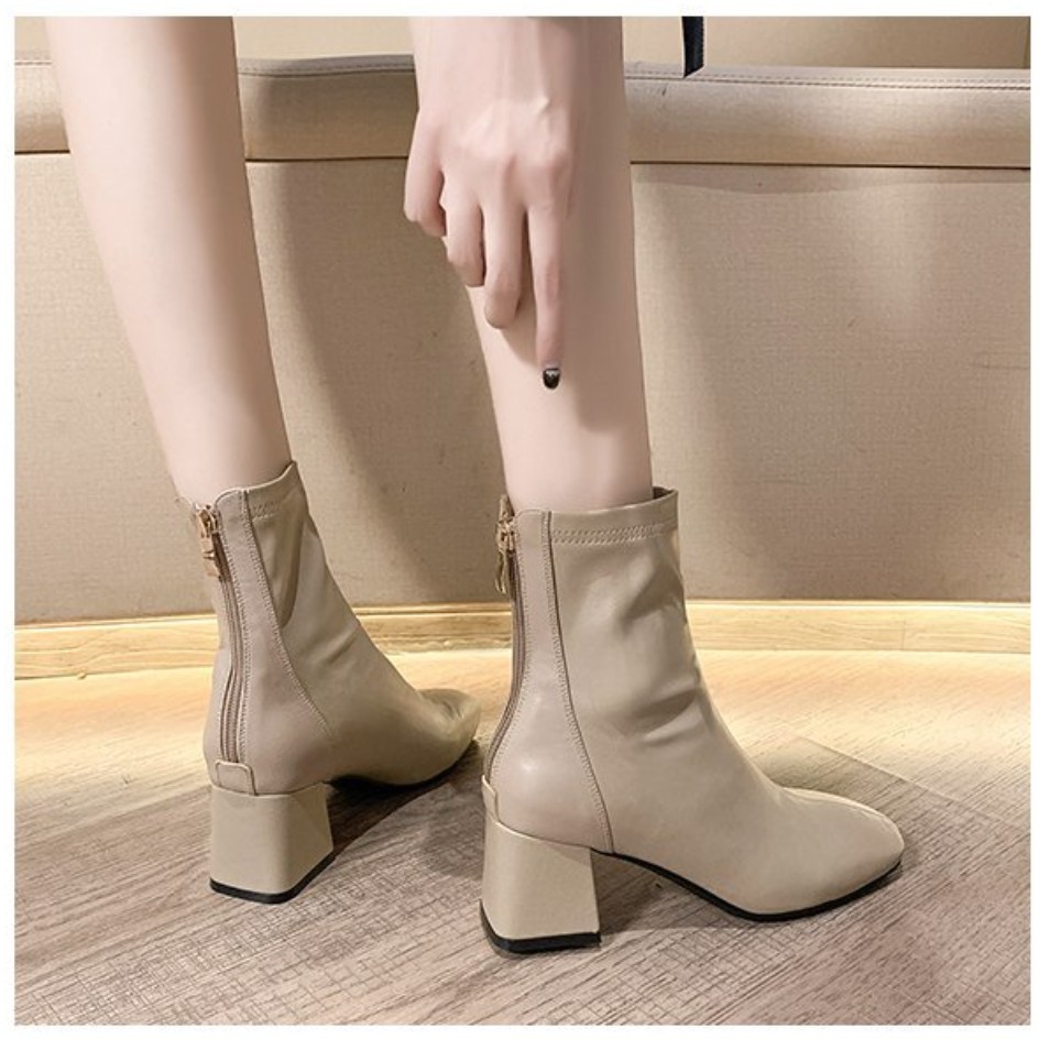 Boots Cổ Ngắn, Mũi Vuông, Da Bóng - Giày Bốt Ulzzang Nữ Đế Cao 6cm, Chất Mềm Siêu Êm Chân - Mã 138