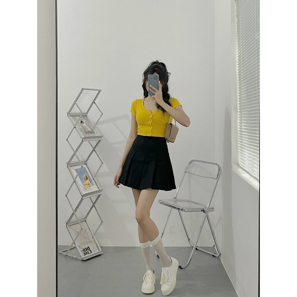 Áo croptop nữ tay ngắn HHVINTAGE kiểu bấm nút basic Top A27