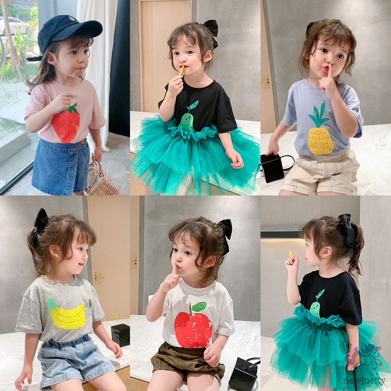 Korean Kids Girls Cartoon Fruit Print Short Sleeve T-shirt
