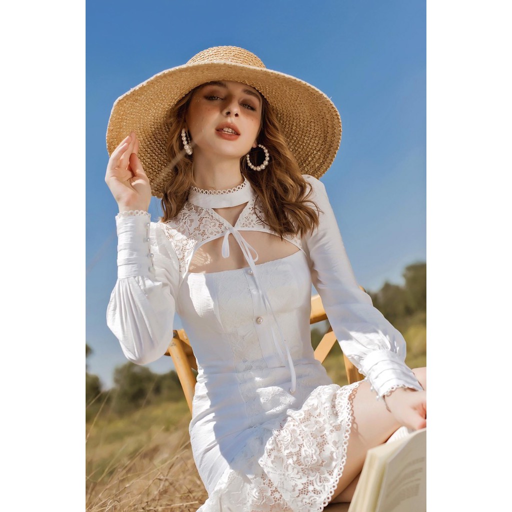 [Mã SKAMSALEP6 giảm 10% tối đa 100K đơn 150K] SÒ VINTAGE - MOON Đầm tay dài phối ren cột dây ngực | BigBuy360 - bigbuy360.vn