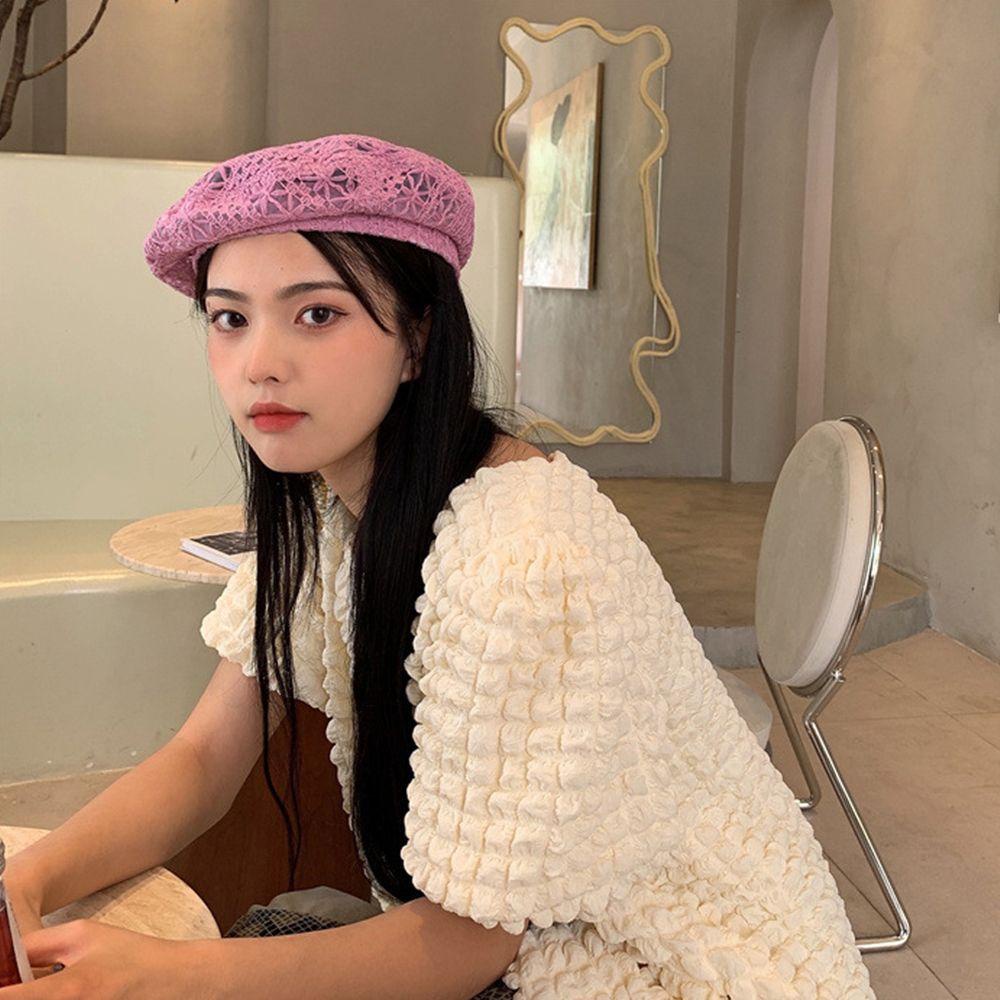 Mũ Beret Vải Cotton Polyester Mỏng Phối Ren Phong Cách Cổ Điển Thời Trang Mùa Hè Cho Nữ