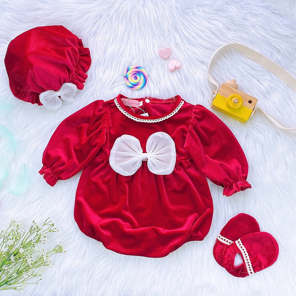 [𝗧𝗮̣̆𝗻𝗴 𝗡𝗼́𝗻 + 𝗧𝗮̂́𝘁] BODY NHUNG ĐỎ PHỐI NƠ TRẮNG (sơ sinh - 12 kg)