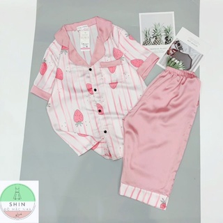 Bộ pyjama lụa quần lửng hồng siêu xinh ảnh thật