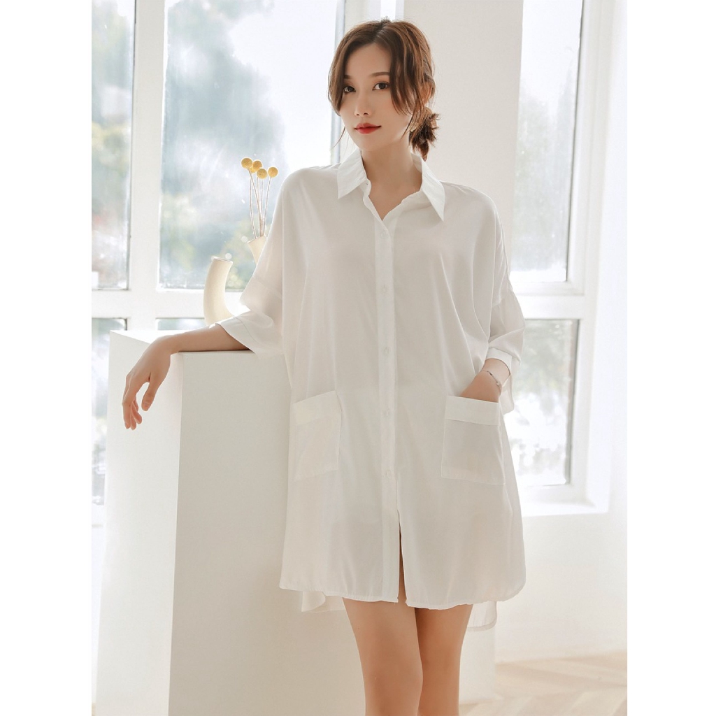 Nhà Đồ Ngủ Chất Liệu Siêu Tốt Bạn Trai Gió Áo Sơ Mi Trắng Mỏng Jumpsuit Lỏng Lẻo Băng Chất Liệu Voan Mỏng Màu Trắng Dễ Dàng Tự Nhiên Kích Thước Lớn Có Thể Mặc C78