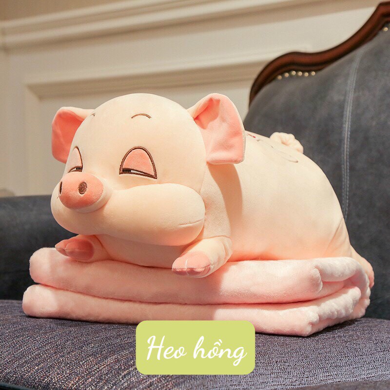 Thú nhồi bông kèm chăn hè tiện dụng trong nhiều hoàn cảnh, họa tiết -Heo hồng dễ thương