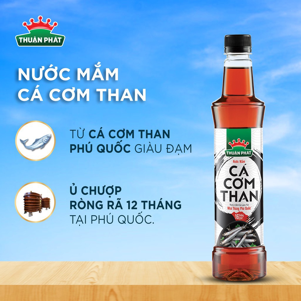 Bộ 1 Nước mắm cá cơm Thuận Phát 40 độ đạm 610ml + 1 Nước Mắm Thuận Phát Cá Cơm Than 740ml + 2 Sa tế tôm mực