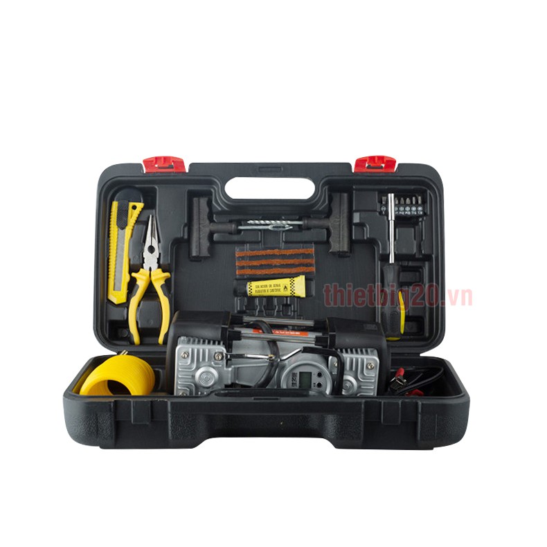 Máy bơm lốp 2 xi-lanh tốc độ cao, tích hợp đèn pin, đồng hồ điện tử, kèm bộ vali cứu hộ lốp khẩn cấp (Điện 12V) GXE12-3