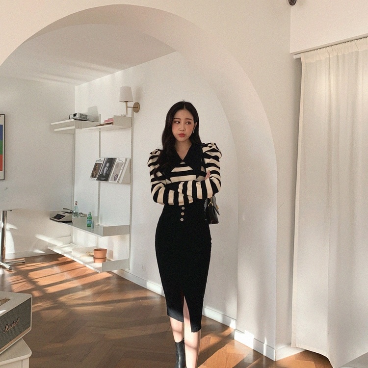 Áo sweater dệt kim SUXI tay dài kẻ sọc ngang thời trang cho nữ