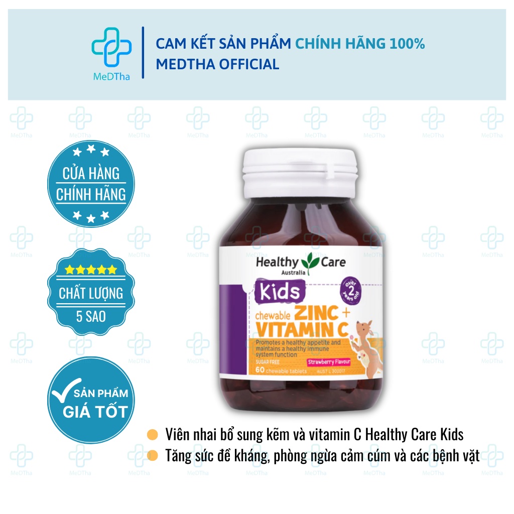 Viên Nhai Bổ Sung Kẽm, Vitamin C Healthy Care Kids - Tăng Sức Đề Kháng, Zin C, Vitamin C (Lọ 60 Viên) [Chính Hãng]