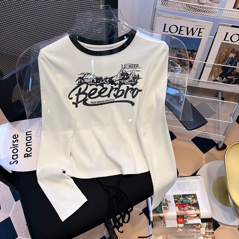 Áo Thun Tay Dài In Chữ Màu Sắc Tương Phản Phong Cách Retro Dành Cho Nữ