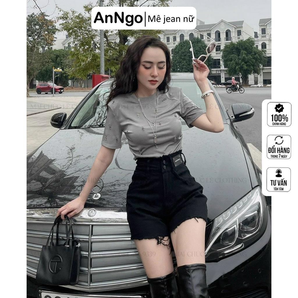 Quần short jean nữ đen rách tua rua cách điệu trẻ trung hợp thời trang Anngo - AT302