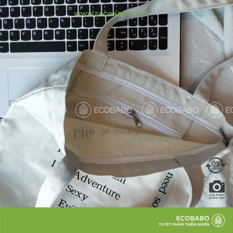 Túi vải bố họa tiết LIFE vintage tiện dụng bên trong có 1 túi nhỏ + 1 dây buộc túi | Ecobabo