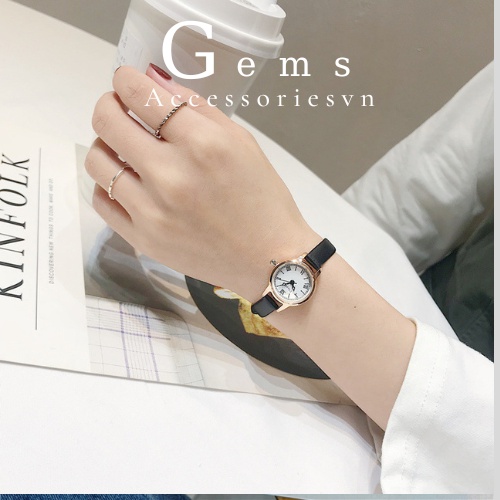 Đồng Hồ Nữ Dây Da Cao Cấp Chính Hãng ULZZANG Mặt Tròn Đẹp Rẻ Thanh Lịch Mẫu Mới 2022 Gems ACC
