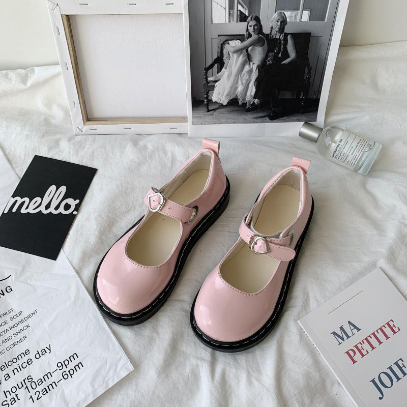 Giày Lolita Nữ Ulzzang Vintage, Giày Mary Jane Da Bóng Mũi Tròn Khóa Cài Hình Trái Tim Đế 3cm Hàn Quốc_ Iclassy_shoes