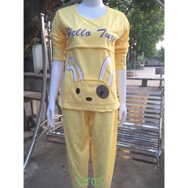 (Giảm giá) Bộ bầu và sau sinh dài tay in tai thỏ