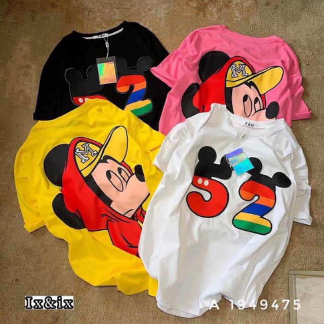 Áo thun Mickey form rộng style giấu quần ngắn tay màu vàng trẻ trung cá tính