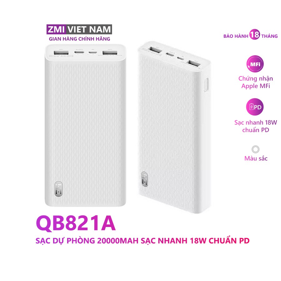 Sạc Dự Phòng ZMI QB821A 20000mAh, 1 Cổng Type C, 1 Micro, 2 USB A | Bảo Hành 18 Tháng