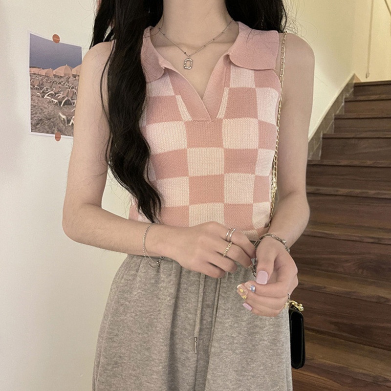 Áo Croptop Dệt Kim Sát Nách Cổ Chữ V Kẻ Sọc Caro Gợi Cảm Cho Nữ