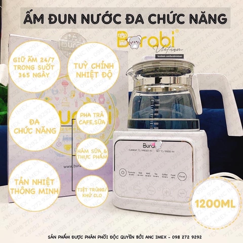 ( BẢO HÀNH CHÍNH HÃNG- TẶNG KÈM 1 PHỤ KIỆN ) Ấm đun nước thông minh đa chức năng Burabi chính hãng