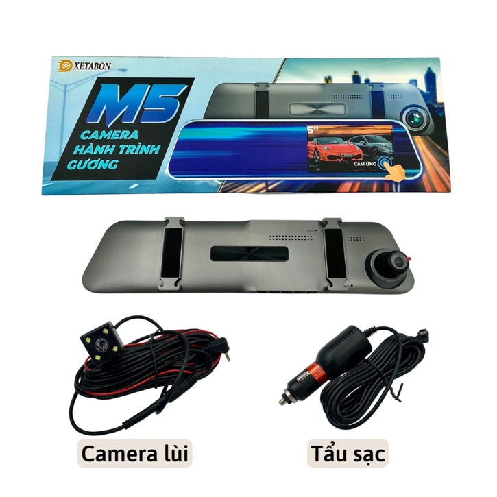 Camera hành trình ô tô M5 có gương chiếu hậu cảm ứng 5 inch Full HD 1080p hỗ trợ đỗ xe, lắp đặt dễ dàng bảo hành 12T