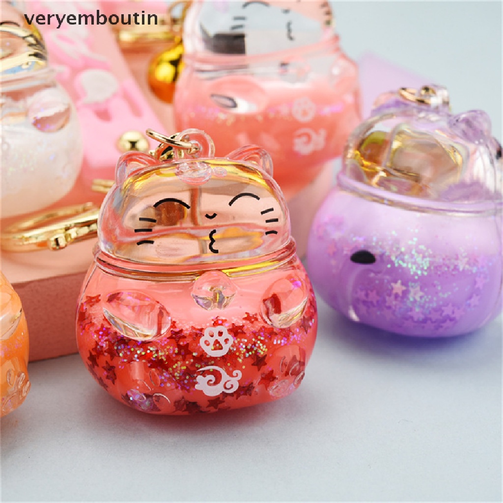 【in】 Cartoon Transparent Lucky Cat Keychain Creative Acrylic Floating Bottle Keychain .