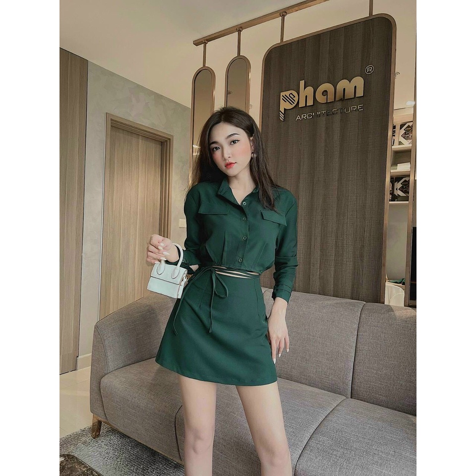 [8.8 Sales Freeship] Set váy vest nữ set đồ công sở áo tay dài túi hộp croptop cột dây eo + chân váy chữ A thanh lịch