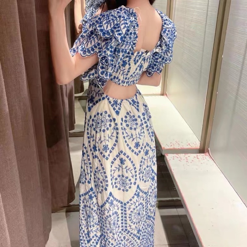 Đầm ZA maxi dáng dài bo chun tay áo cánh tiên