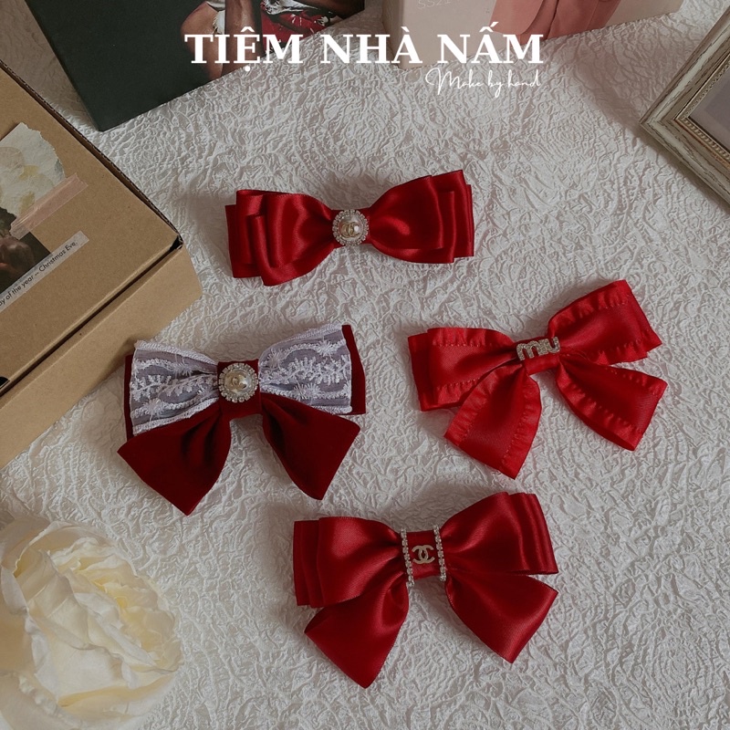 🎀 KẸP TÓC NƠ TIỂU THƯ ĐÍNH ĐÁ TONE ĐỎ - [ Nhà Nấm handmade ]