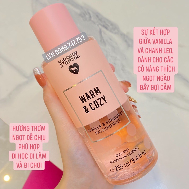 [CÓ NHŨ 250ml - SẴN] Nước Hoa Xịt Toàn Thân Victoria’s Secret Pink Warm & Cozy VIC VS Body Mist Fullsize Kim Tuyến