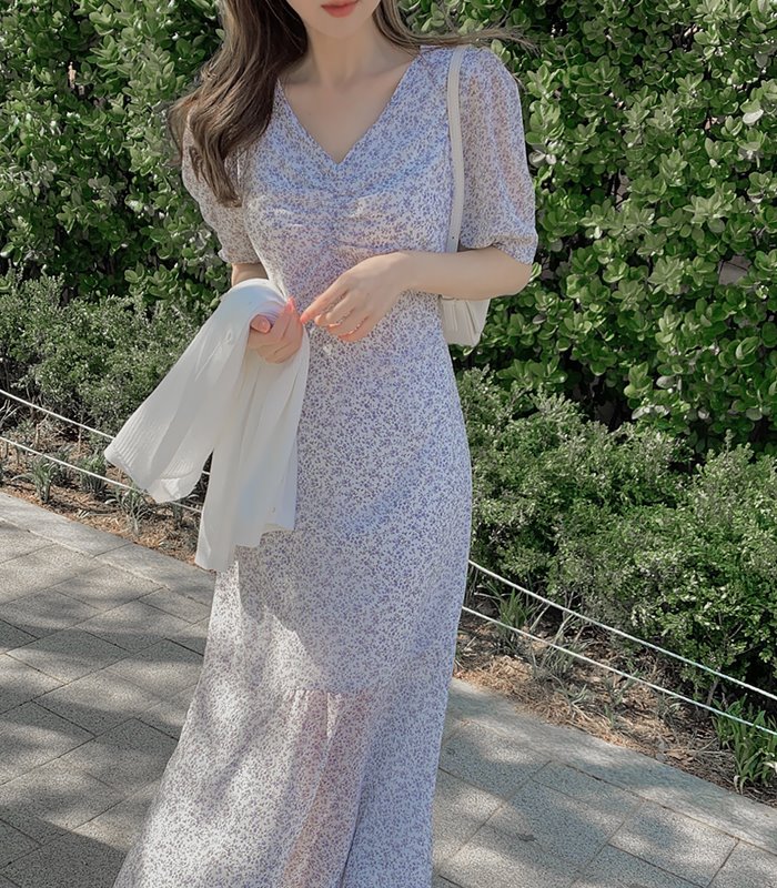 Đầm Voan Hoa Cổ Chữ V Xinh Xắn Theo Phong Cách Hàn Quốc 43033