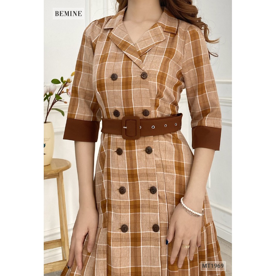 Đầm caro cổ vest đuôi cá BEMINE MT1969NAU | BigBuy360 - bigbuy360.vn