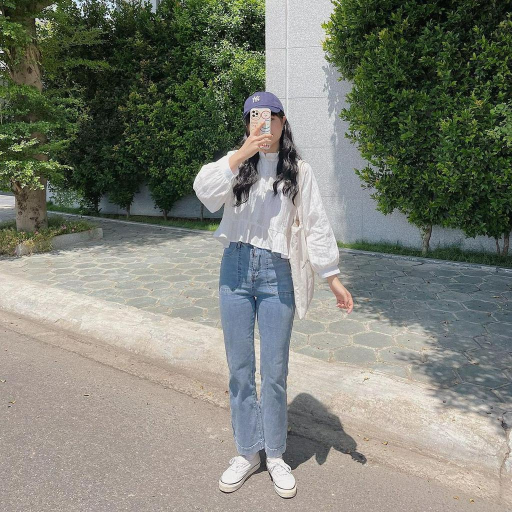 Áo Sơ Mi Trắng Dáng Baby Doll Croptop Dài Tay Phối Bèo Đáng Yêu