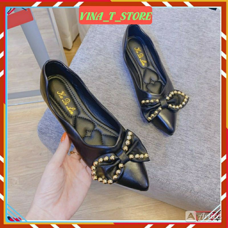 giày mũi nhọn🤩FREESHIP🤩Giày búp bê màu đen trắng quai phối nơ đính đá siêu êm chân hàng cao cấp hottrend-VINA STORE | BigBuy360 - bigbuy360.vn