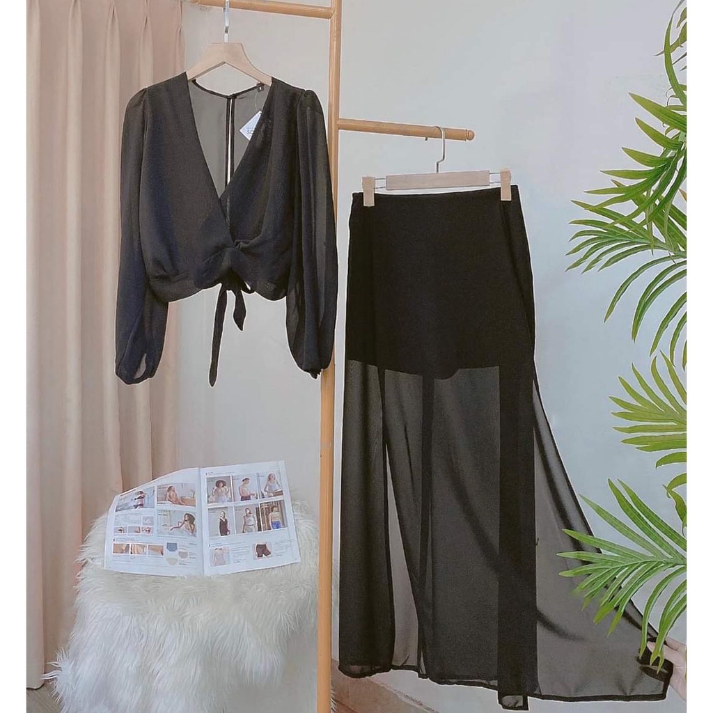 [HCM] Sét Áo Tay Dài Phối Váy Xẻ Tà (Có Lót Trong) Thời Trang Nữ Sam Closet Free Size 40-55kg