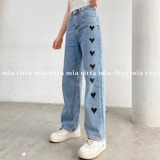 Quần Jeans in hình trái tim cạp cao ống suôn Mia Ritta j460