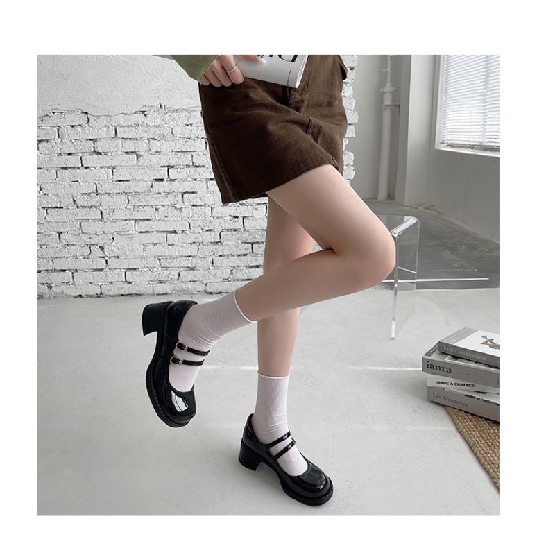 Giày lolita đế cao 5p quai ngang, giày cao gót màu đen 2 quai ngang