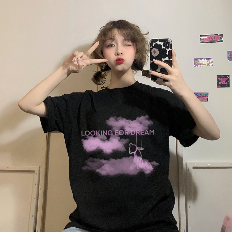 Áo Thun Nữ Ngắn Tay Dáng Dài In Hình Đám Mây Dễ Thương