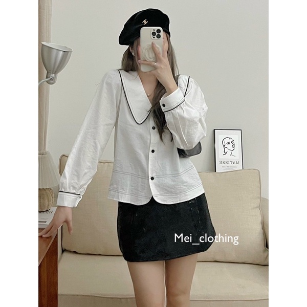 Áo Sơmi Nữ Cổ Sen Viền Chỉ Ulzzang