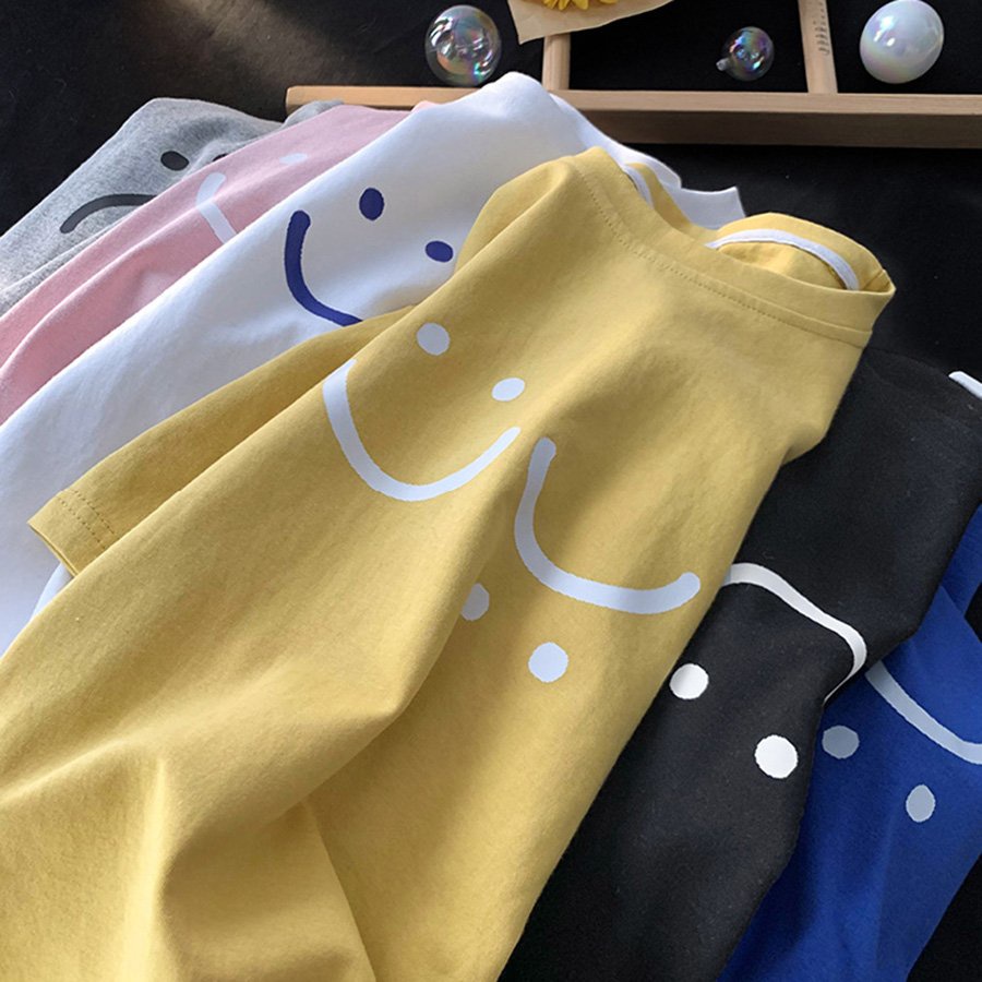 Áo thun tay lỡ form rộng in hình mặt cười so cute chất cotton mịn mát dành cho cả nam và nữ