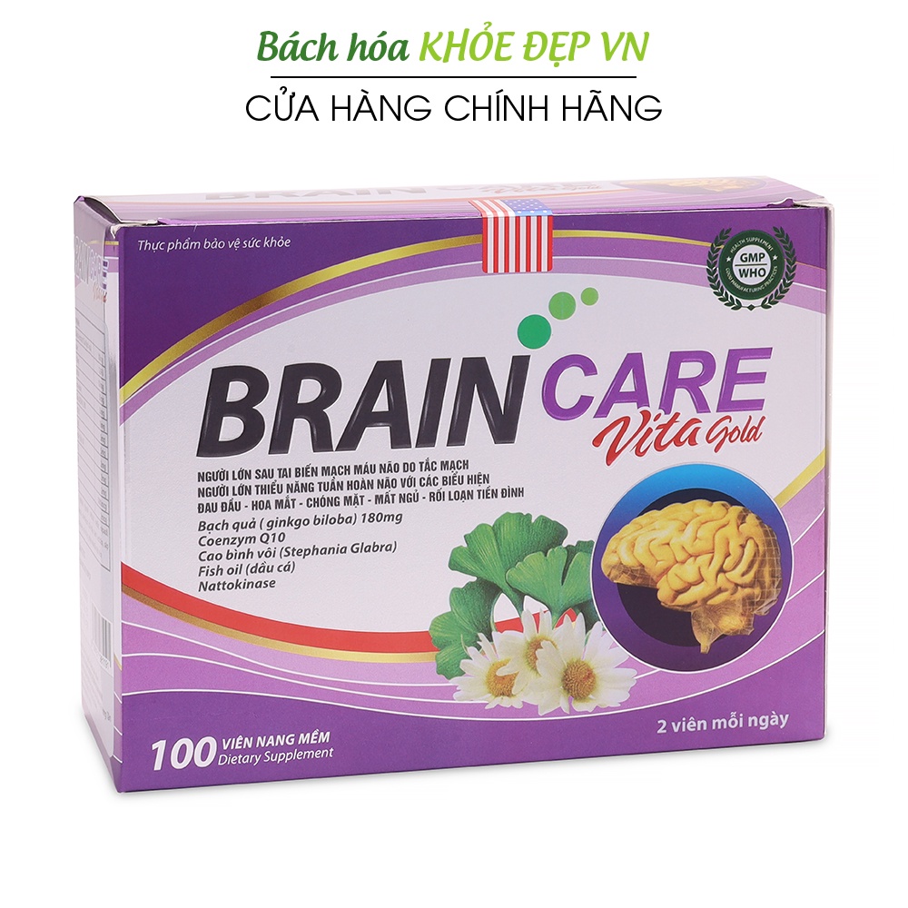 Hoạt huyết dưỡng não BRAIN CARE Ginkgo Biloba, nattokinase - 100 viên