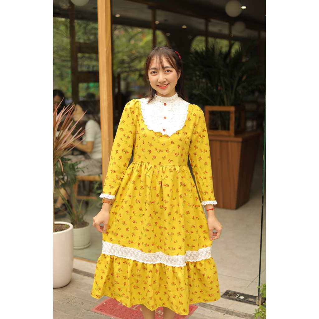 Váy nhung tăm hoa phối ren tiểu thư siêu yêu