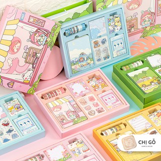Hand book SET 21 món gồm Sổ tay + Sticker + Giấy note + 6 cuộn Washi tape - Chị Gỗ
