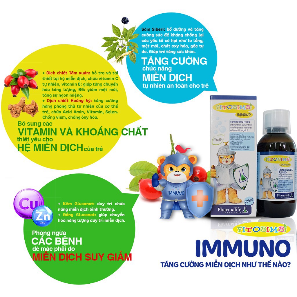 Immuno Bimbi Fitobimbi - Tăng cường hệ miễn dịch, nâng cao sức đề kháng, hồi phục nhanh, hết ốm vặt ở trẻ(Chai 200ml)