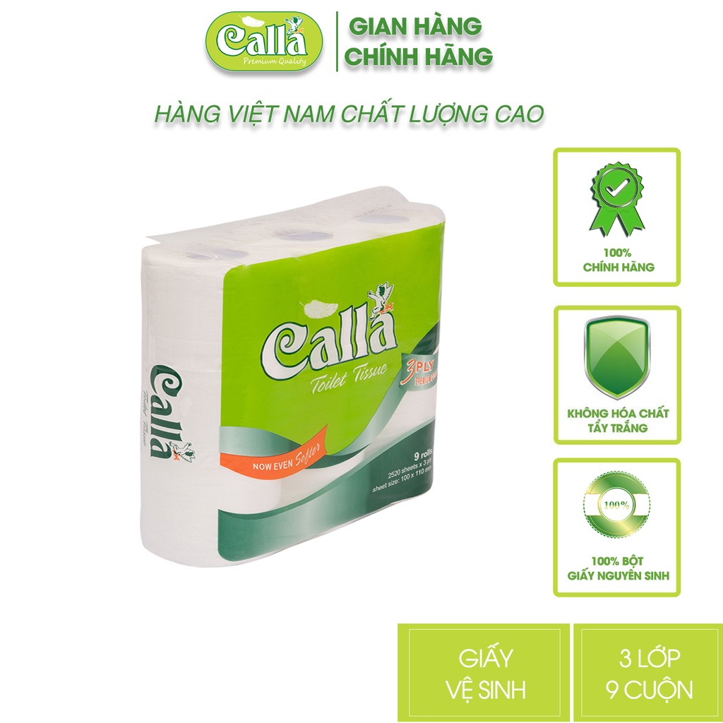 Giấy vệ sinh Calla 3 lớp x 9 cuộn xanh tan trong nước, mềm dai, mịn dịu nhẹ cho da