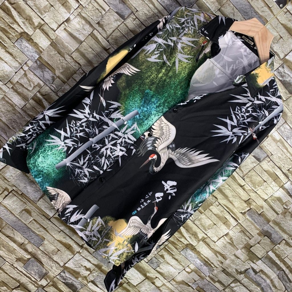 Áo Sơ Mi Nam Dài Tay Phối Họa Tiết Cò Trúc Đen | BigBuy360 - bigbuy360.vn