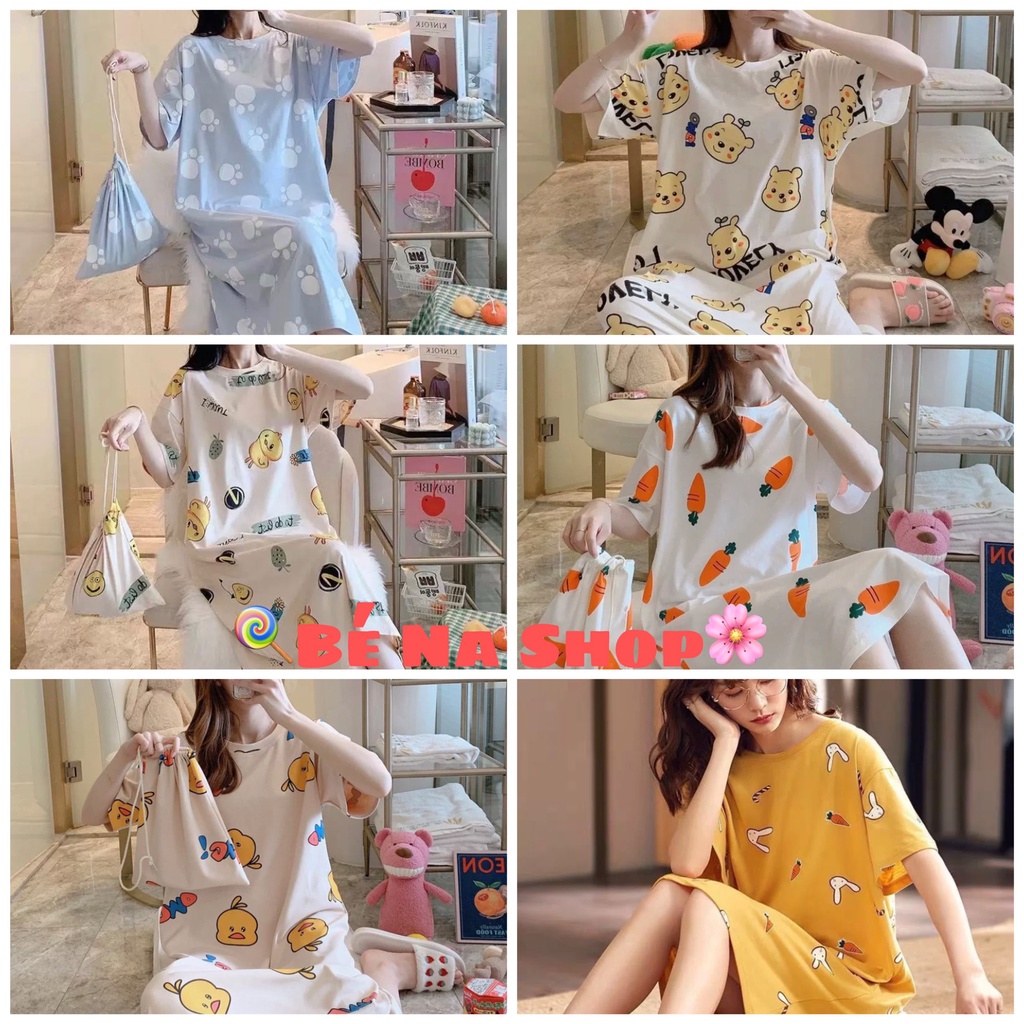 Đầm Mặc Nhà - Đồ bộ dễ thương - Đồ bộ nhiều họa tiết xì tin dâu mẫu mới 2021