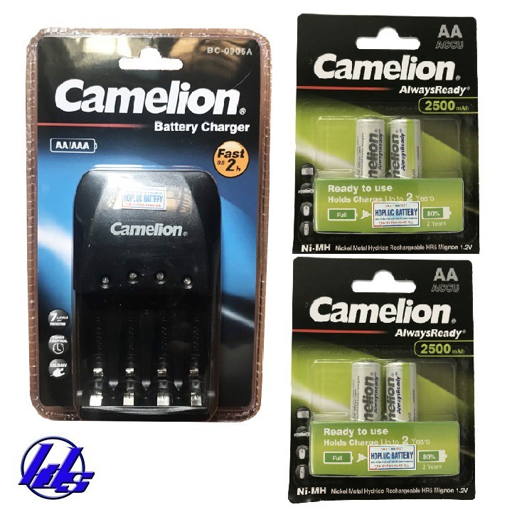 Combo bộ sạc nhanh 2 giờ, tự ngắt Camelion BC-0905A kèm 4 pin sạc AA 2500mAh AlwaysReady