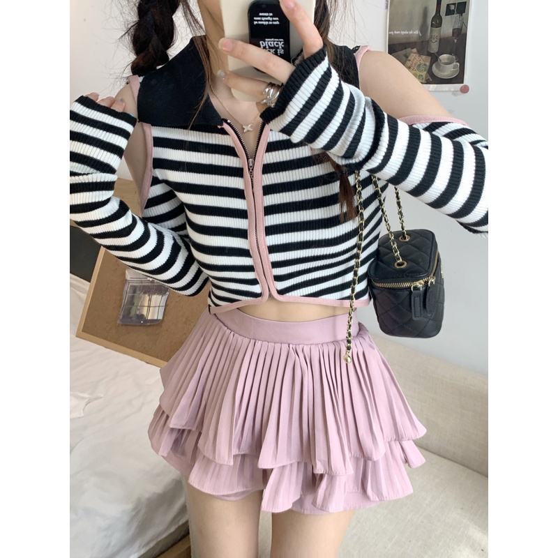 622217#Áo Cardigan Dệt Kim Cổ POLO Tay Dài Hở Vai Phong Cách Thời Trang Mùa Hè 2022 Mới