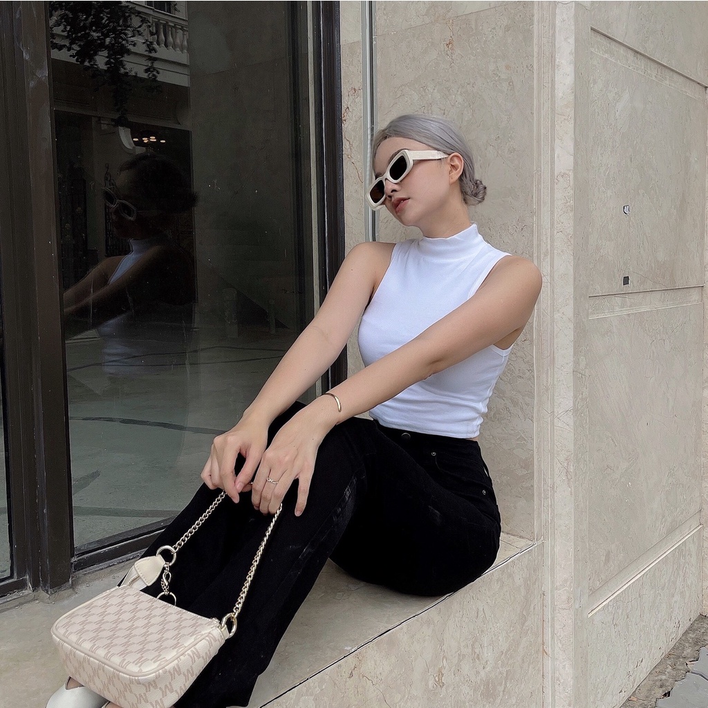 Áo ba lỗ cổ lọ croptop nữ trơn TOPTIFY sát nách thun bo gân co giãn form basic Trip Away Top AC221 | BigBuy360 - bigbuy360.vn